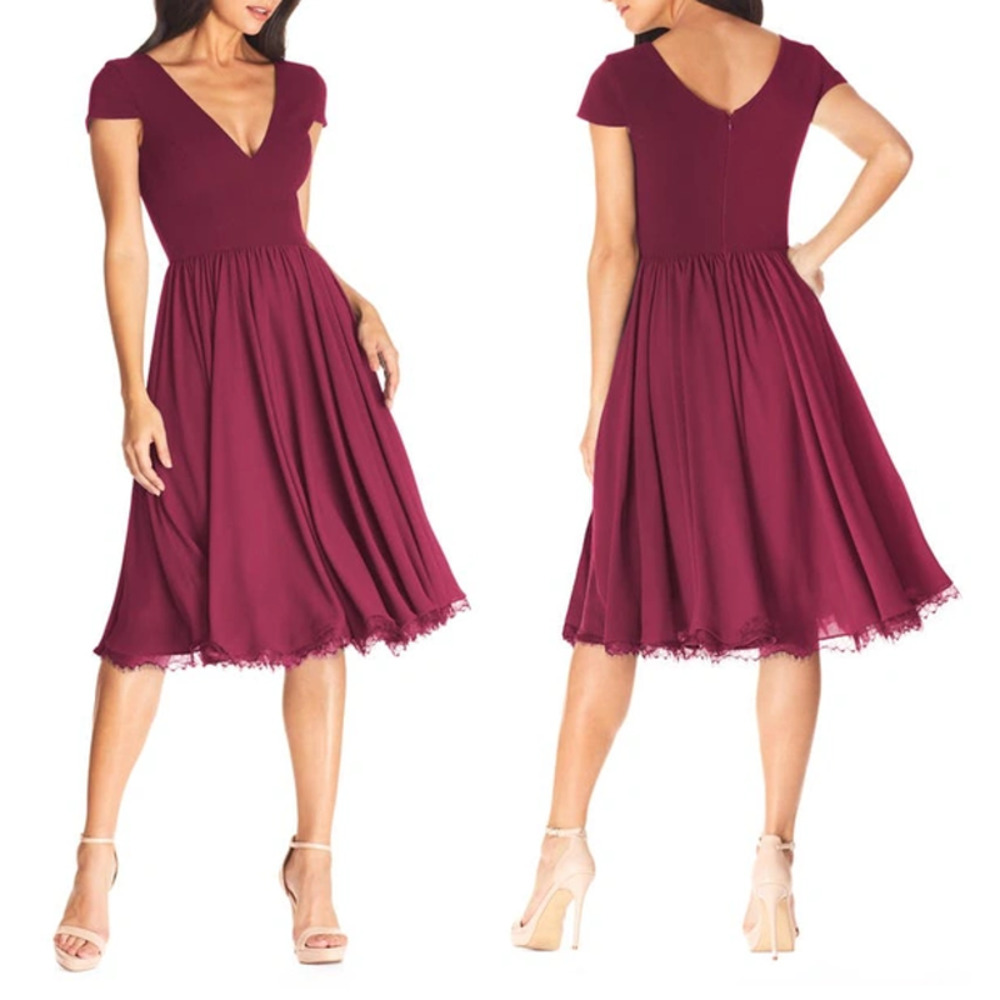 Dress The Population | Corey Chiffon Fit & Flare Cocktail Dress in Dark Magenta